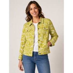 JM Collection Chartreuse Green Floral Denim Jacket Women 12 Everyday Spring